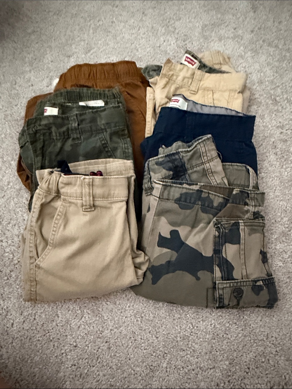 6 Pair Bundle of Levi's, Arizona, Cat & Jack, Kids Shorts in Tan, Navy & Camo